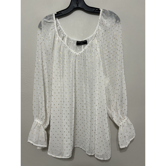 Sheer White Bell Sleeve Blouse Gold Clip Dot Whimsical Flouncy Romantic Plus 18 - Picture 1 of 14